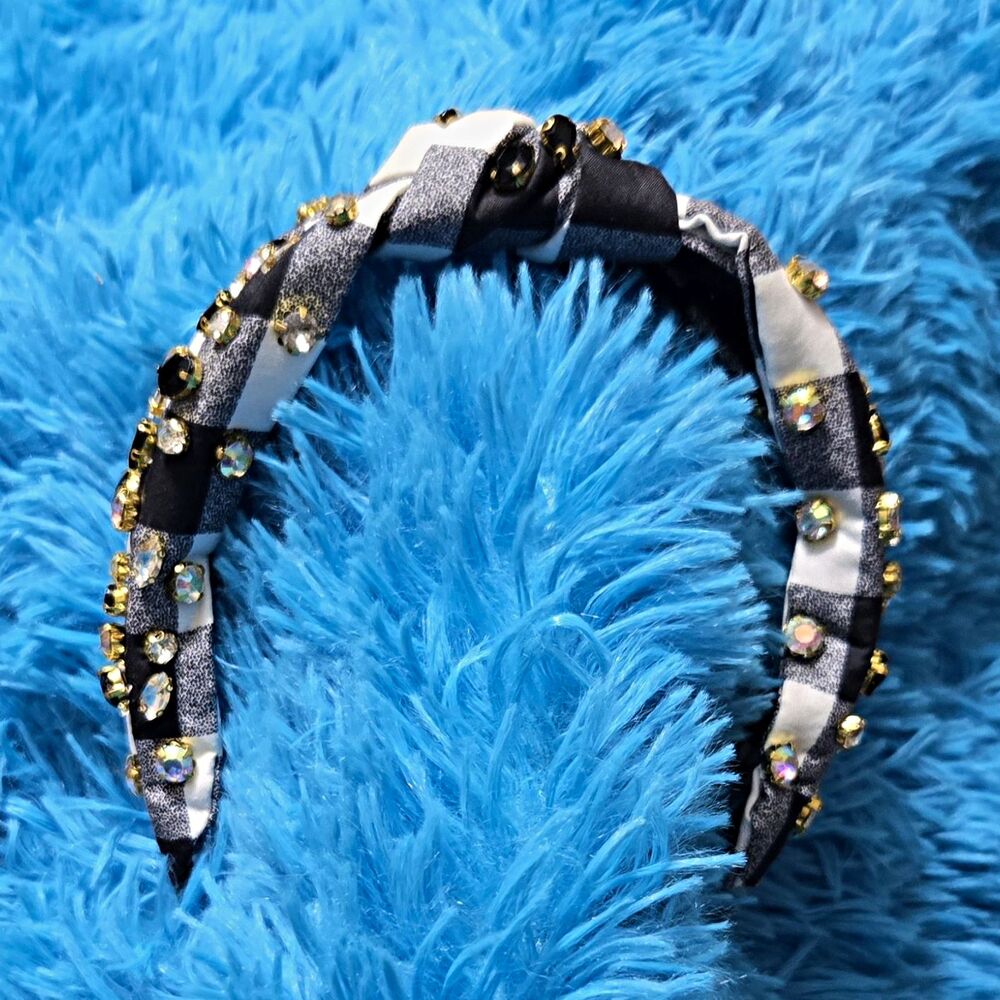 Women’s Black White Gray Plaid Knotted Rhinestone Headband Buffalo Checkered